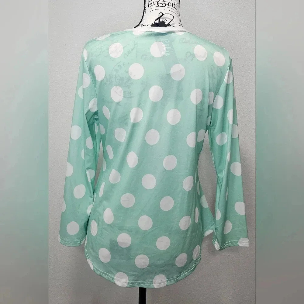 Lily by Firmiana Women's Green White Polkadot Long Sleeve V-Neck Blouse SZ M - Picture 6 of 12